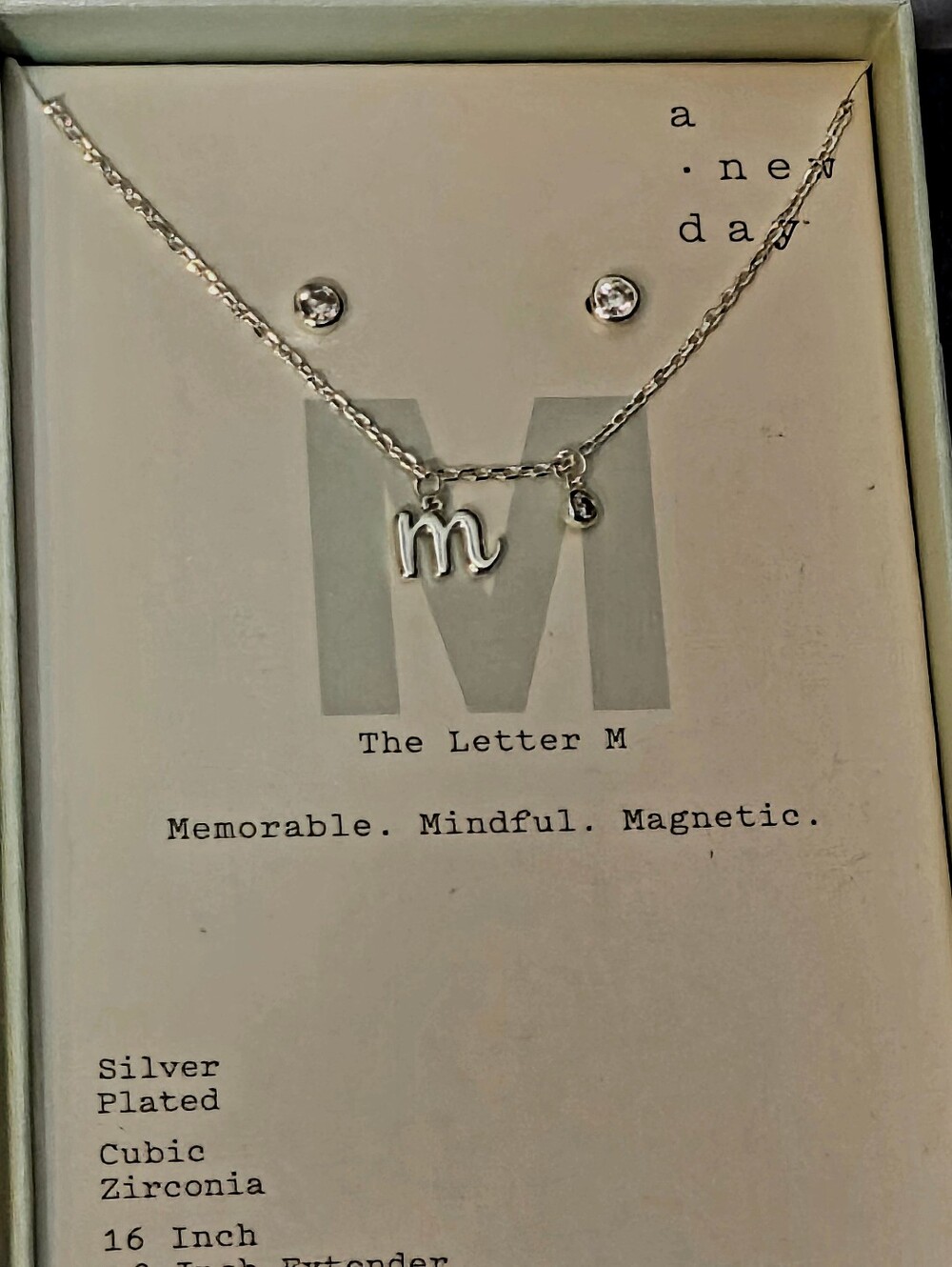 NIB A New Day Silver Plated Initial "M" Necklace & CZ Stud Earrings Set